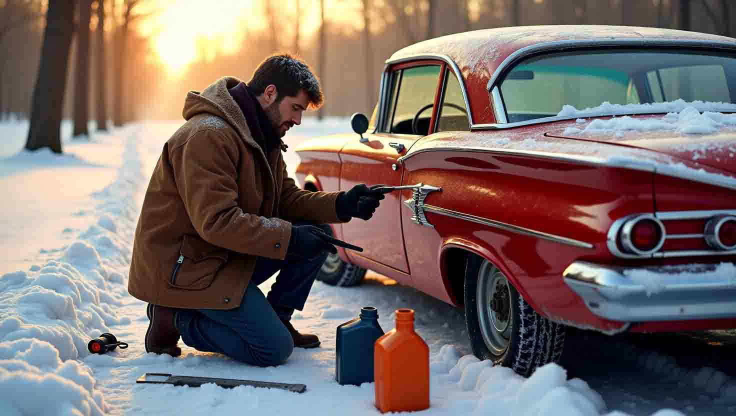 entretient une voiture américaine ancienne en hiver